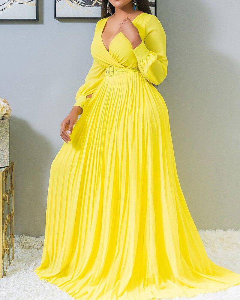 فستان شيفون عتيق بأكمام طويلة وخصر مرتفع أصفر 2025