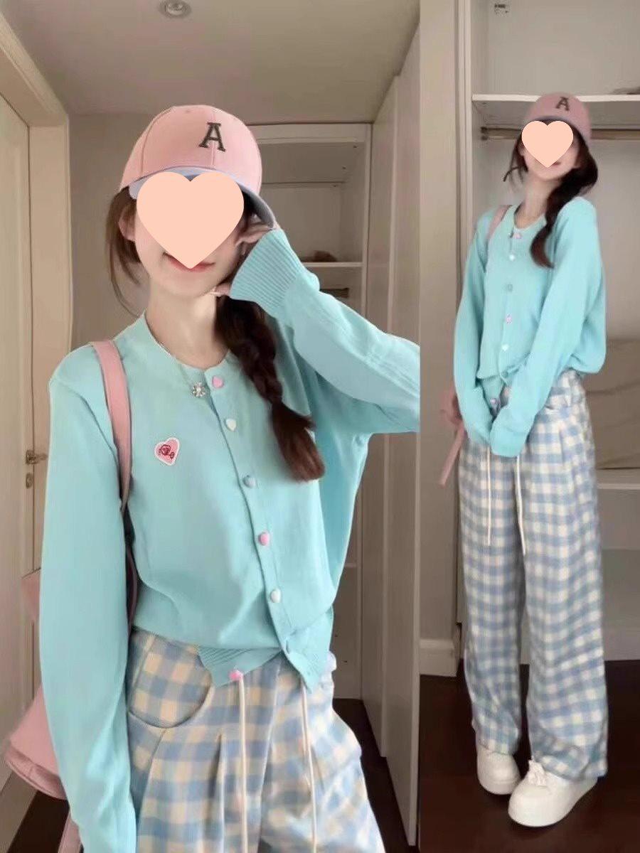 

Вязаный кардиган с длинным рукавом светло-голубого цвета в корейском стиле для женщин - Тонкий свитер-топ для начала осени L [105-115 kg] синий