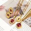 Jewelry Set 2025 Summer Designs Necklace Earrings 18k PVD Gold Plated Stainless Ruby Stone Fashion Oval Pendant Necklace