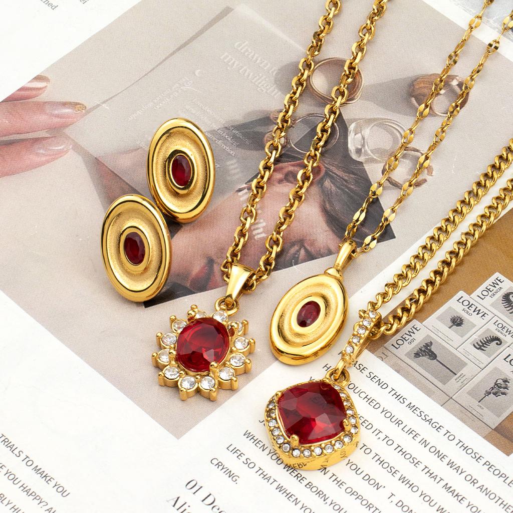 Jewelry Set 2025 Summer Designs Necklace Earrings 18k PVD Gold Plated Stainless Ruby Stone Fashion Oval Pendant Necklace