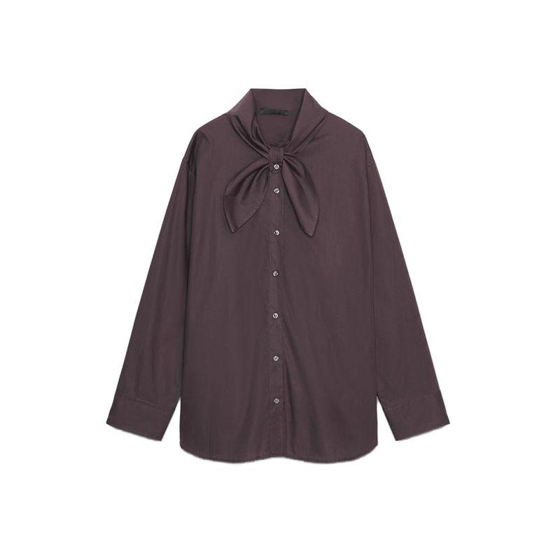 Autumn New Women's Clothing Minimalist Style Ruched Decorative Long Sleeves Scarf Neckline Poplin Shirt 4661143