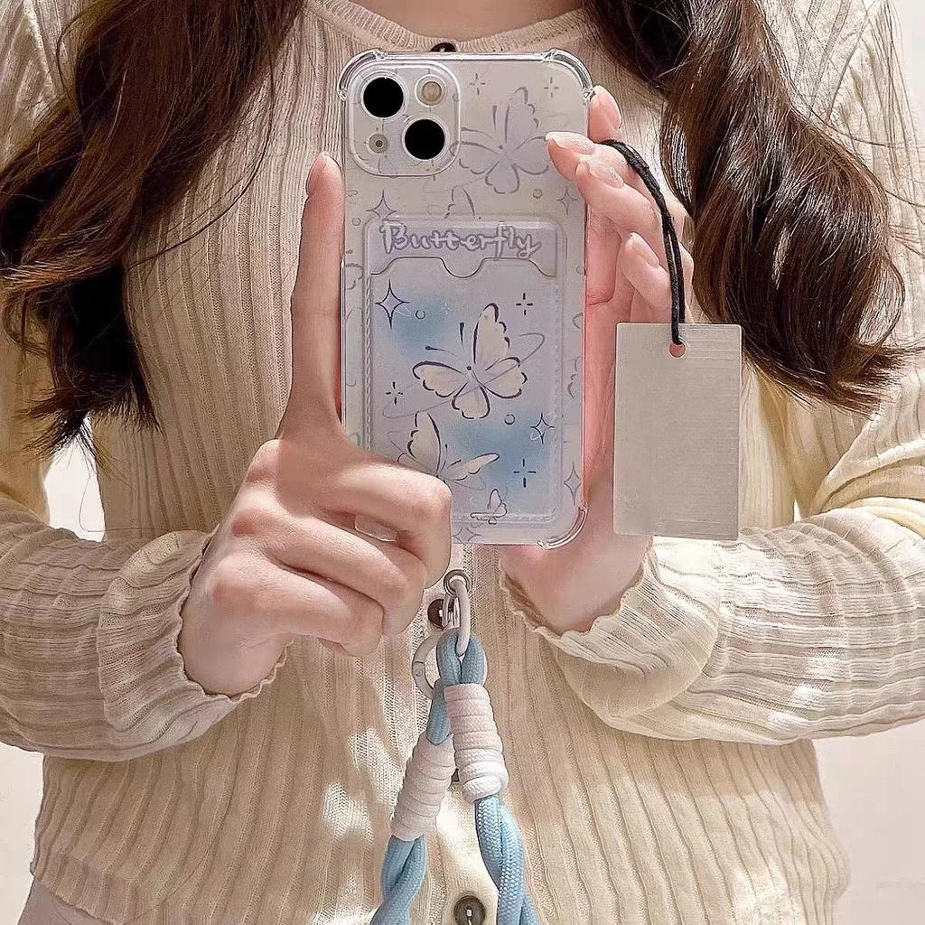 Butterfly Card Holder Pocket With Lanyard Case For Samsung Galaxy S25 Edge S23 S24 S25 Ultra S22 S21 Plus S20 FE Cover Cute Soft