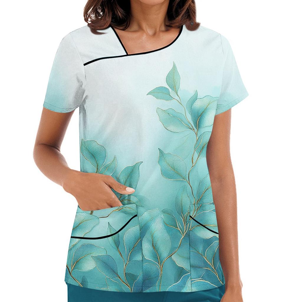 Women's Printed Work Clothes, Sloping Collar And Double Layer Pockets, Basic Top Pullover
