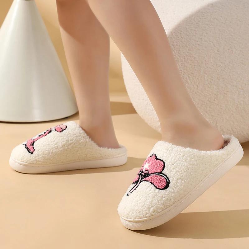 Fashion Cute Print Home Fluffy Slippers Women Closed Toe Warm Winter Cotton Slippers Woman Comfortable Soft Sole Plush Indoor Slides