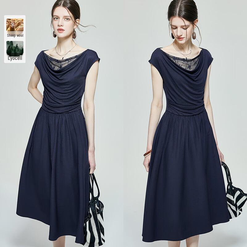 Fogway Elegant Tencel-Blend Lace Patchwork Pleated Maxi Dress M
