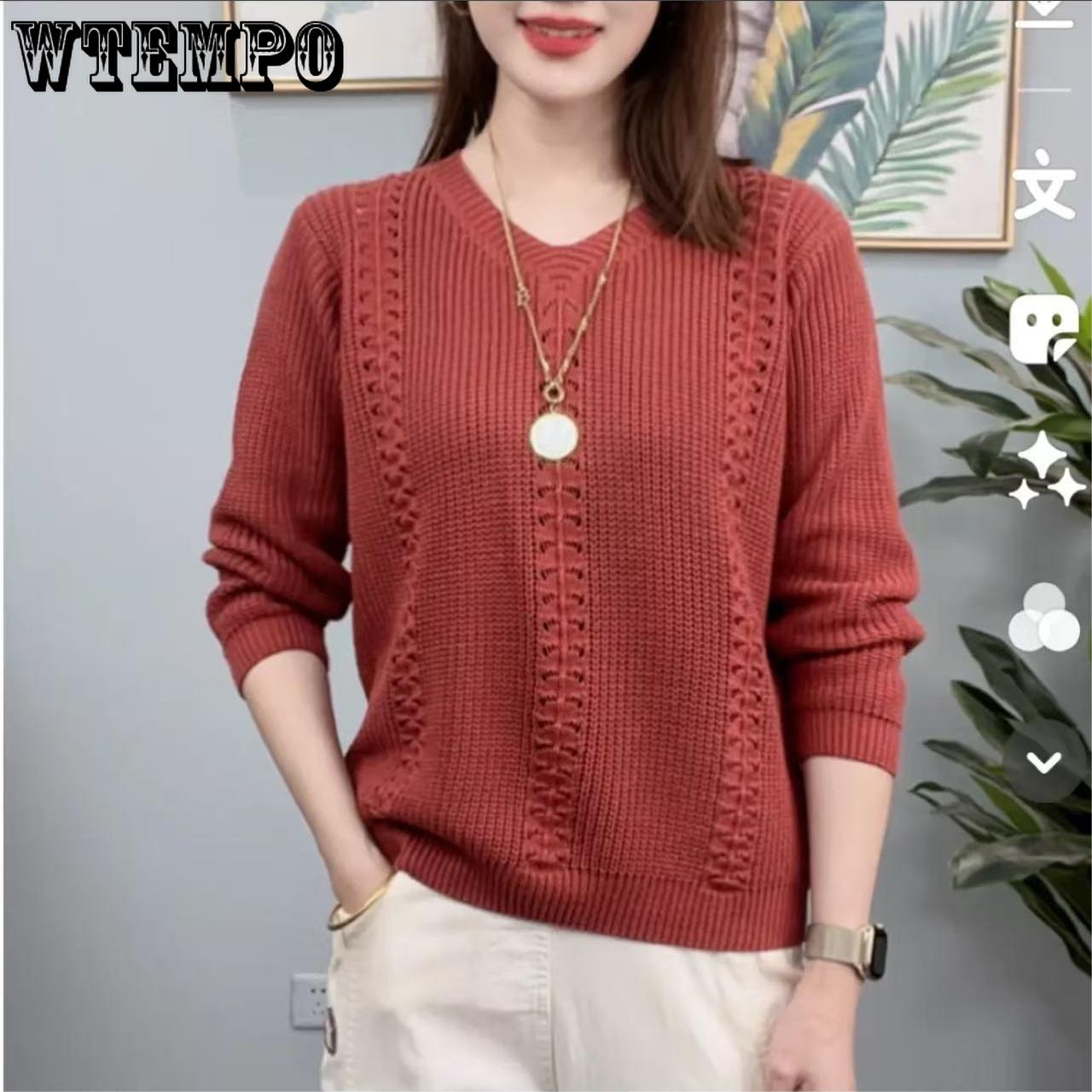 

Spring and Autumn New Women s V-neck Knitted Sweater Loose Bottom Top Middle Aged Mom s Sweater S