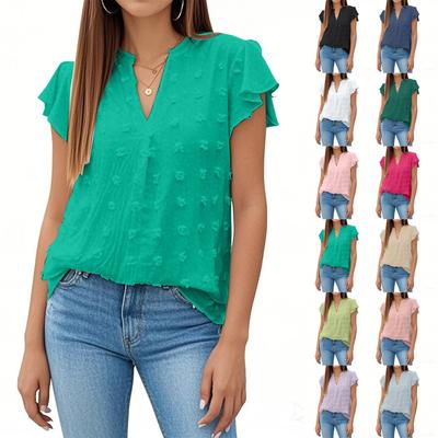 Women's Casual Fashion Solid Color V-neck Splicing Ruffled Short Sleeves Chiffon Loose Top