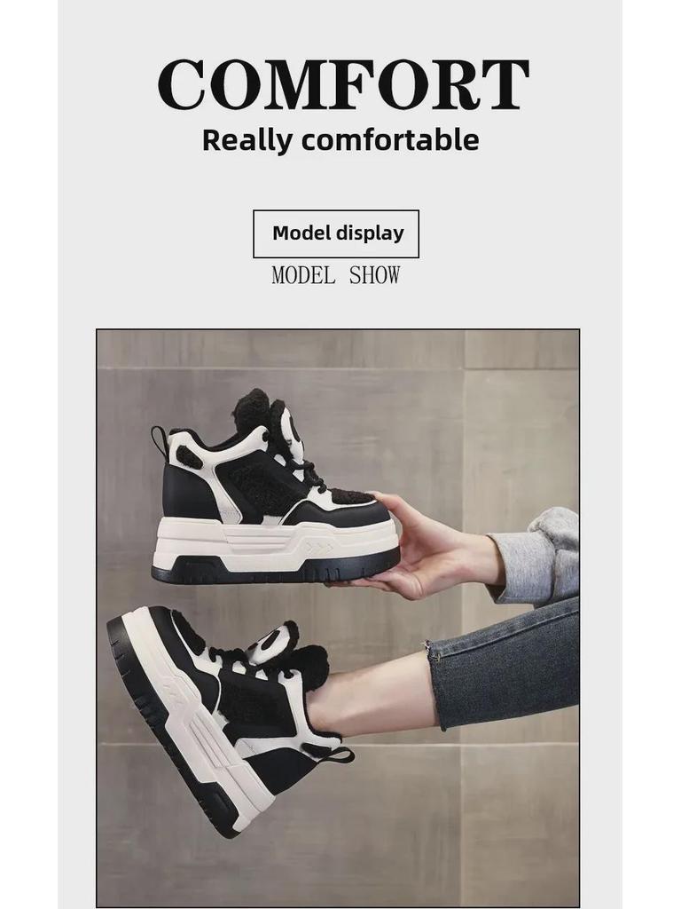 Women's 2023 Winter Thick-Soled High-Top Panda Shoes with Plush Lining and Hidden Lift