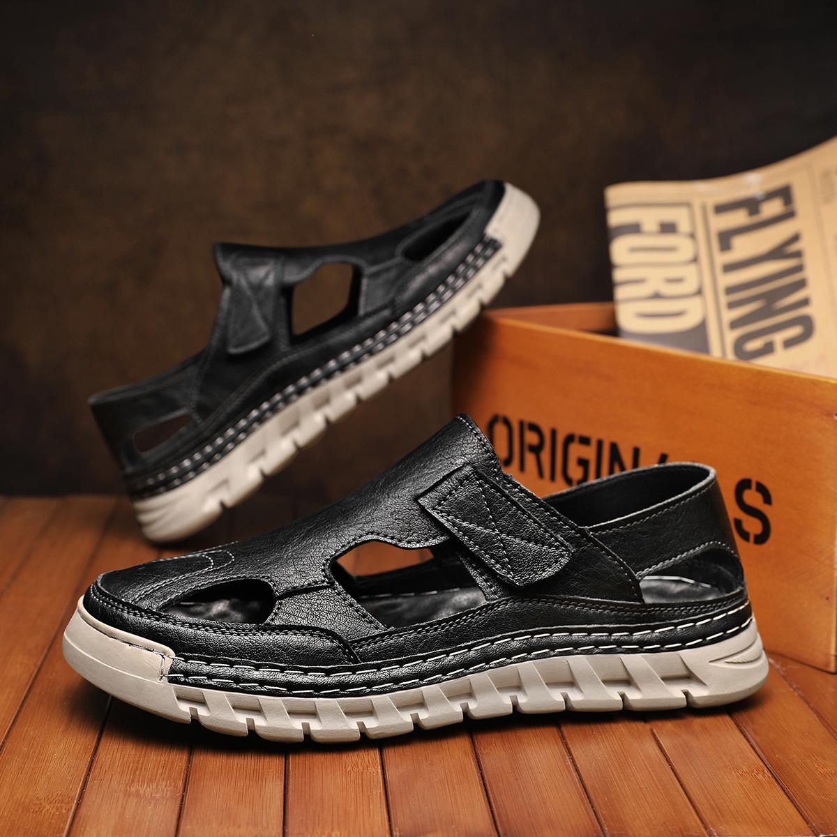 

Летние мужские сандалии из натуральной кожи, полые пляжные сандалии, повседневная обувь 47 чёрный