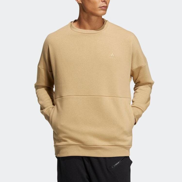 Adidas Solid Color Logo Embroidery Casual Crew Neck Sweatshirt Unisex Tops Khaki HM2687