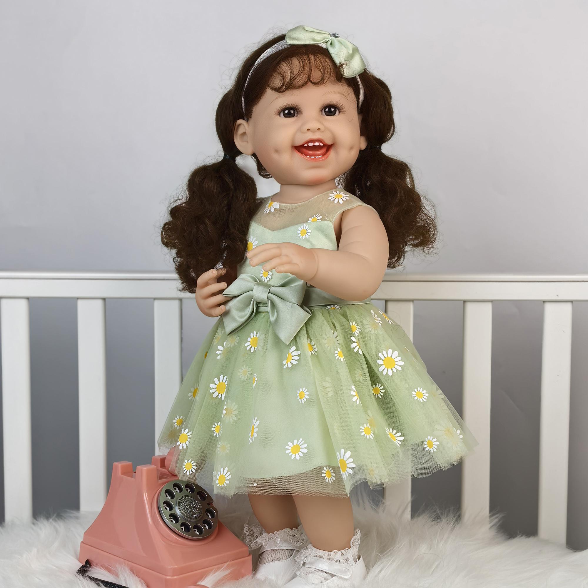 

Новые улыбающиеся куклы Reborn Baby 55 см Реалистичная Принцесса Bebe Reborn с укоренившимися кудрями Полностью силиконовое виниловое тело Подарки на день рождения Рождество 22 inch about 55 cm