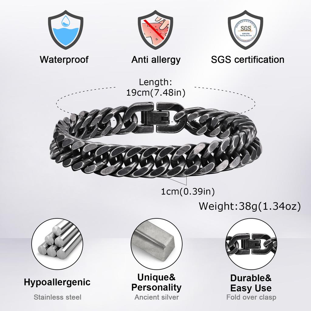 Vintage Men's Chunky Chain Bracelets,8/10/12mm Retro Grey Stainless Steel Cuban Chain Wristband,Rock Punk Classic Jewelry Gifts