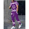 Conjunto Informal de Pantalón Largo y Camiseta de Manga Corta para Hombre - Diseño Geométrico en Contraste Impreso en 3D, Material de Poliéster, Lavable a Máquina