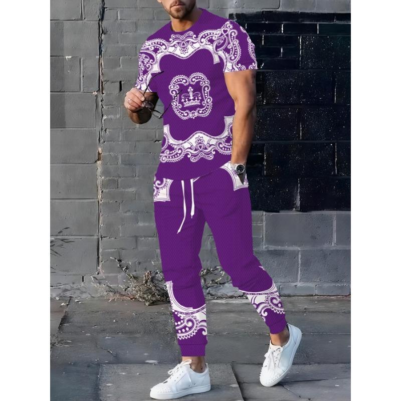 Conjunto Informal de Pantalón Largo y Camiseta de Manga Corta para Hombre - Diseño Geométrico en Contraste Impreso en 3D, Material de Poliéster, Lavable a Máquina