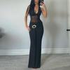 Sexy Mesh Spliced Backless Wrap Neck Bodycon Long Dress Women Streetwear 2025