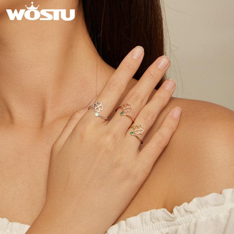 WOSTU 925 Sterling Silver Exquisite Zircon Hollow Four-leaf Clover Open Ring for Women Fine Jewelry Gift