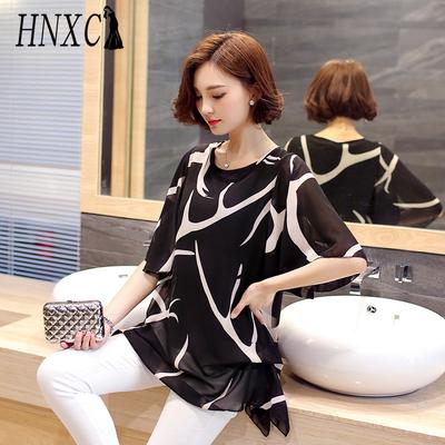 Summer Plus-size Women's Wear: Loose Printed Short-sleeved Chiffon Shirt, Flared Sleeve Top for Women