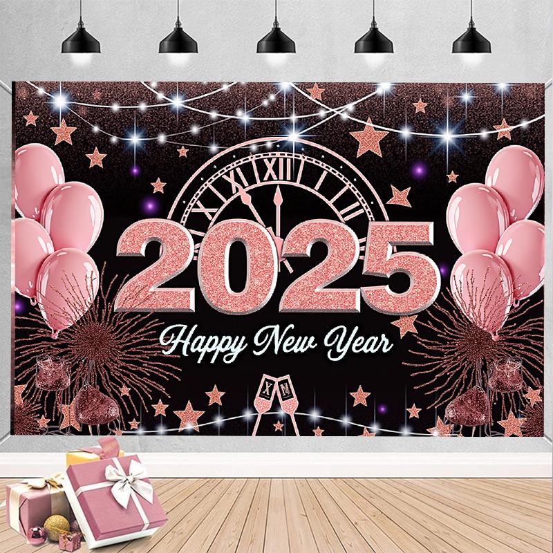 2025 Happy New Year Pink Theme Party Background Clock Balloons Family Party Banner Home Decoration Photography Background New In