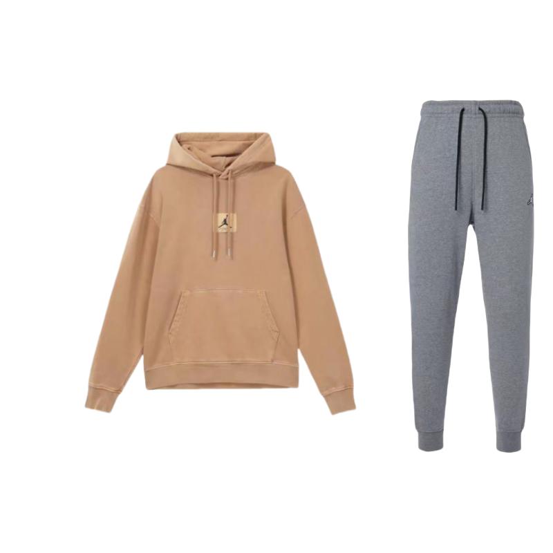 

Jordan Solid Color Hooded Drop Shoulder Long Sleeve Sweatshirt Logo Embroidery Drawstring Pants Casual Sports Set Unisex sets DQ7341-091+FB7291-231 L