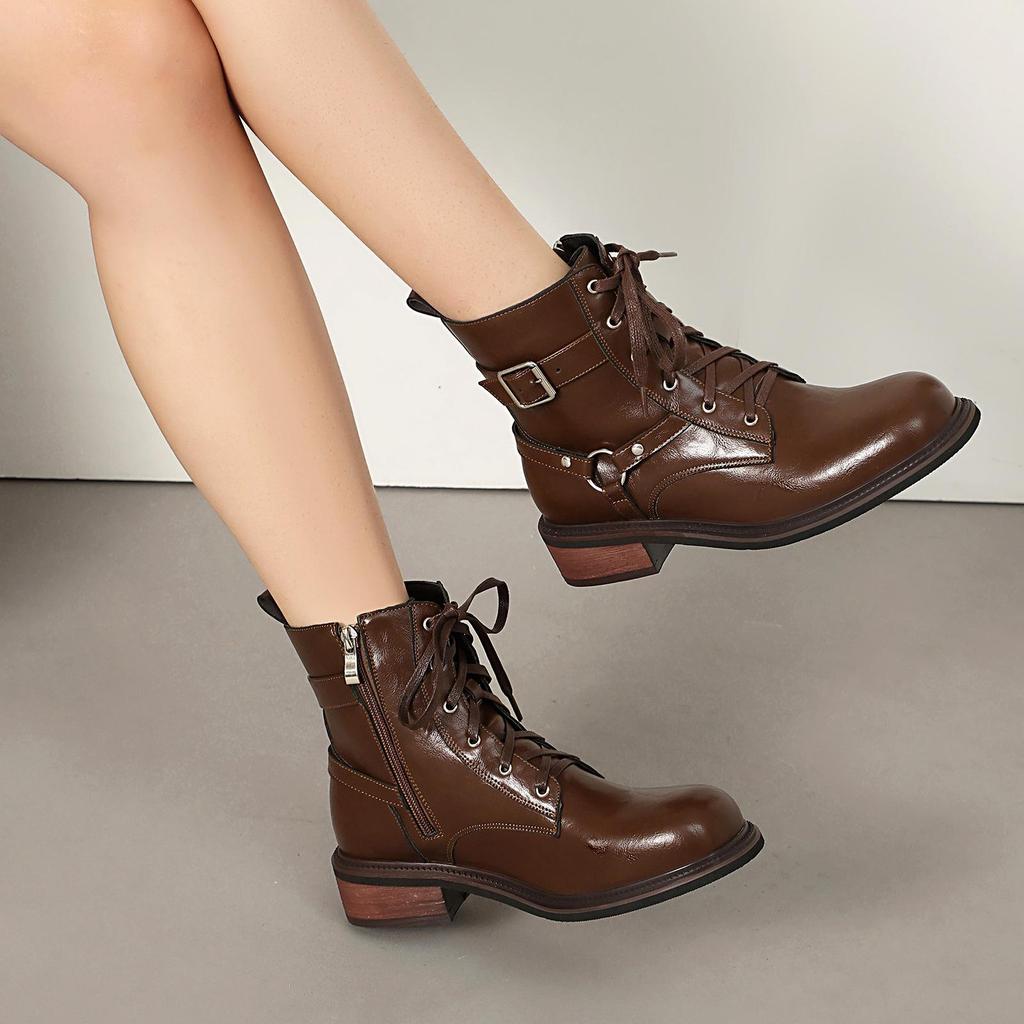Women's Retro Thick-Sole Round-Toe Leather Knight Boots, Chunky Heel, Plus Velvet, Western Cowboy Style, Sizes 34-47
