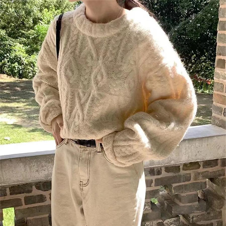 Chunky Knit Chunky Yarn Twisted Sweater Women's Outerwear Autumn Winter New Style Retro Lazy Style Loose Crew Neck Knit Top