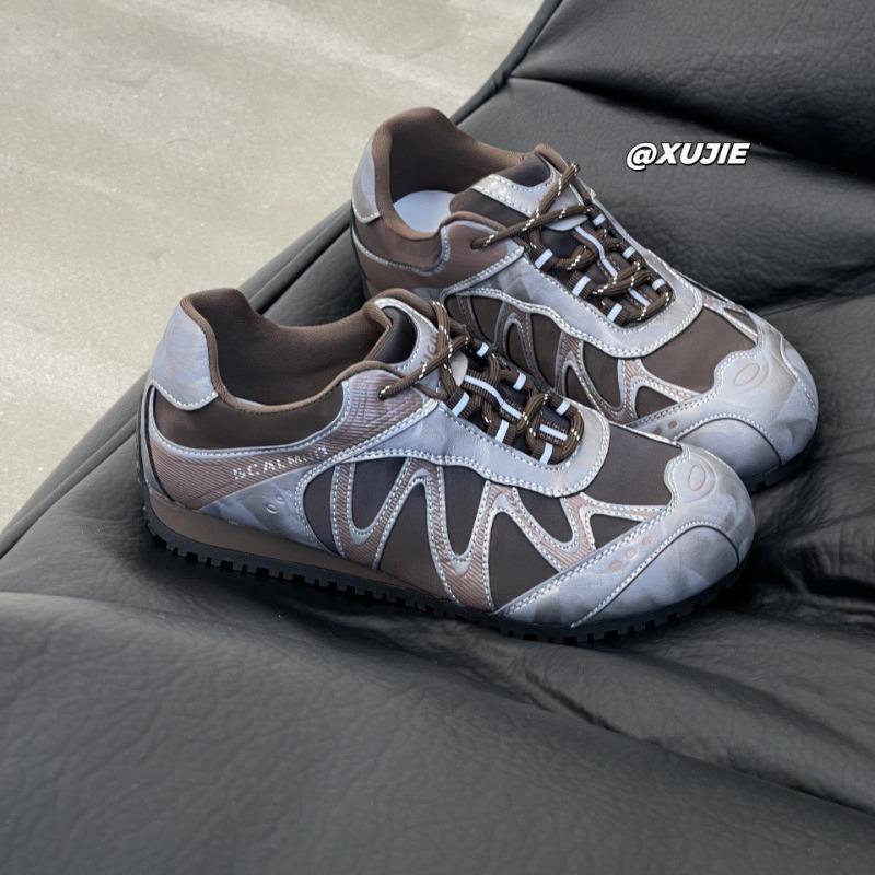 Leather Mesh Women's Autumn New Round Head Thick Sole Elastic Band Color Matching Breathable Casual Sports Shoes