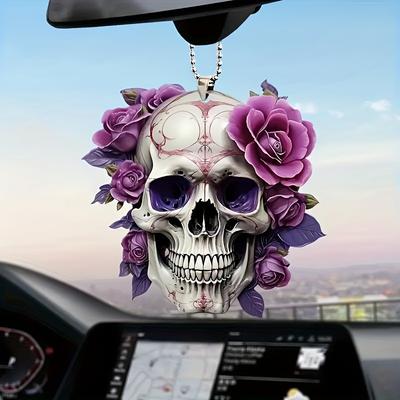 2pcs Gothic Style Skull & Roses Hanging Ornament - 2D Acrylic Car Rearview Mirror Decor - Versatile Halloween
