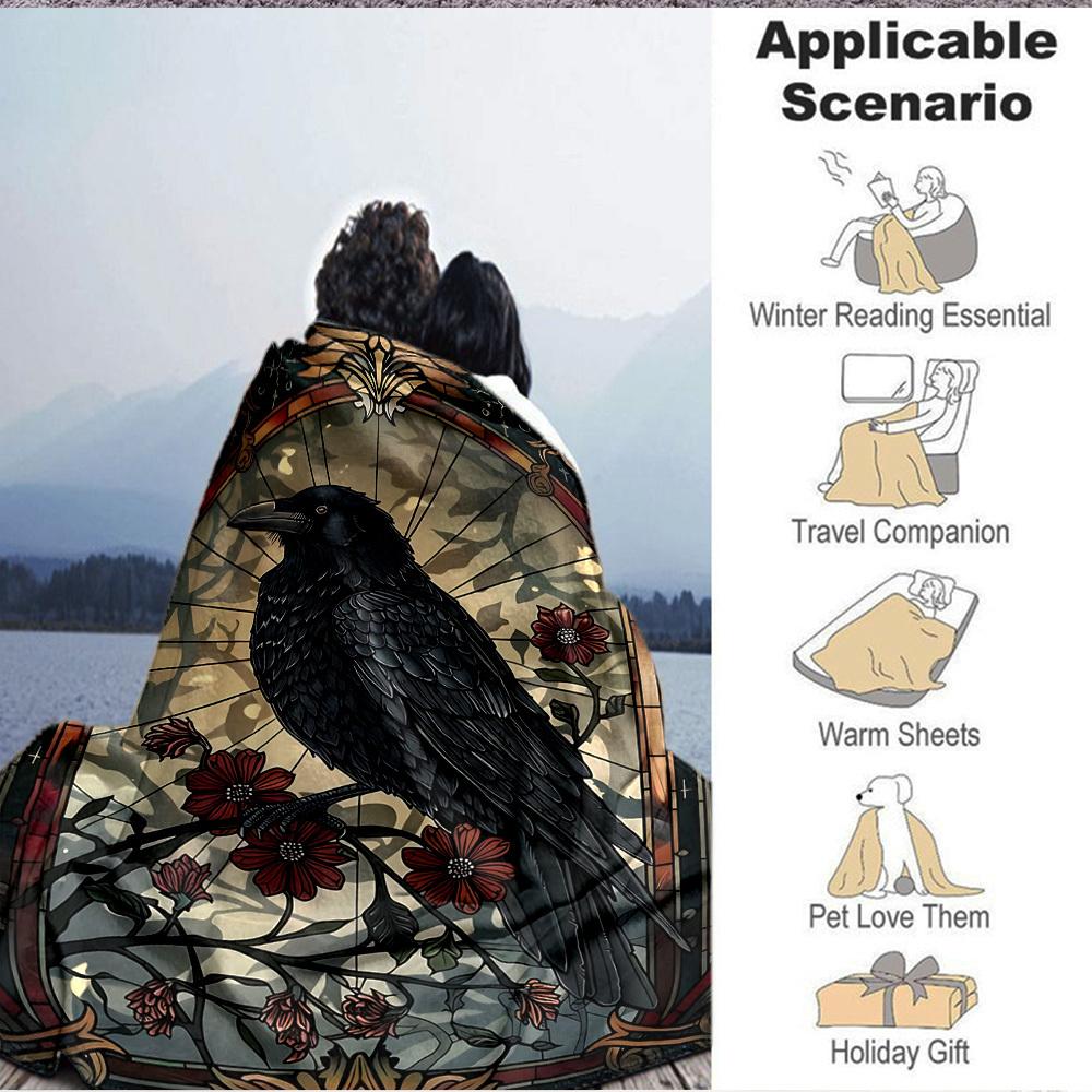 1pc Stained Glass Raven Blanket - Lightweight Flannel Fleece with Digital Printing, Soft Warm for Sofa, Travel, Camping, Office yy251018314