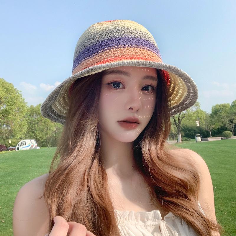 Hyunya Wind Rainbow Straw Bucket Hat Female Summer Breathable Sunshade Sunscreen Bucket Hat Show Face Small Straw Hat