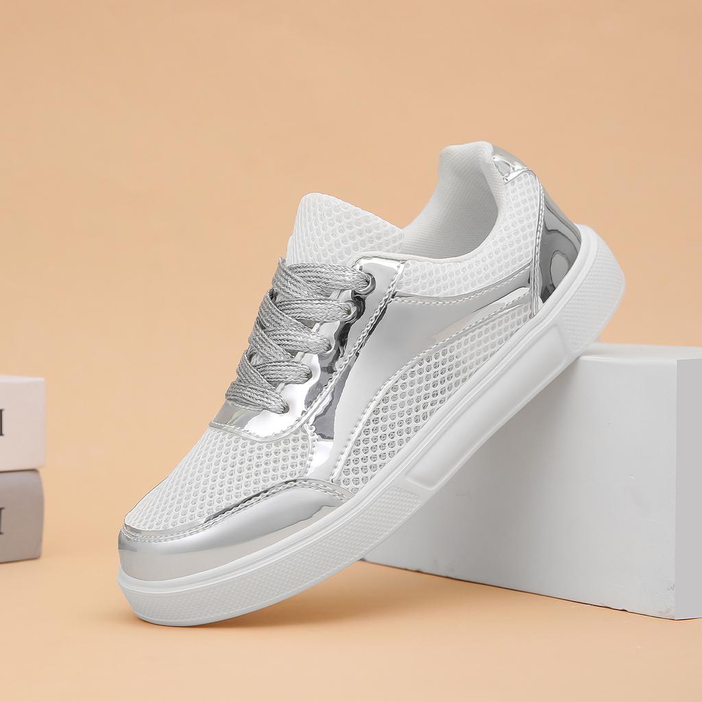 Silver Sports Shoes Women's Summer Mesh Running Shoes Lace Up Fitness Jogging Shoes 2025 New Model for Girls Designer