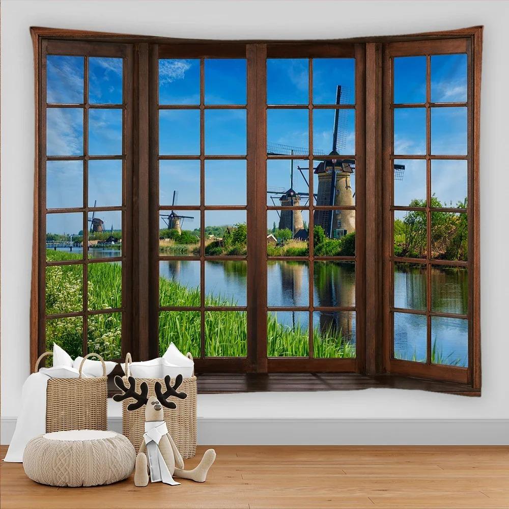 Bohemian Style 3D Window View Decorative Tapestry Hippie Wall Decoration Tapestry Bedroom Dormitory
