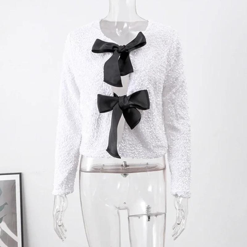 Elegant Bow Handmade Sequins Short Shirt Women Lace-Up Shinny Sweet Top New Fashion Long Sleeve O-neck Blouses Beautiful Thin Coat Casual Outwear