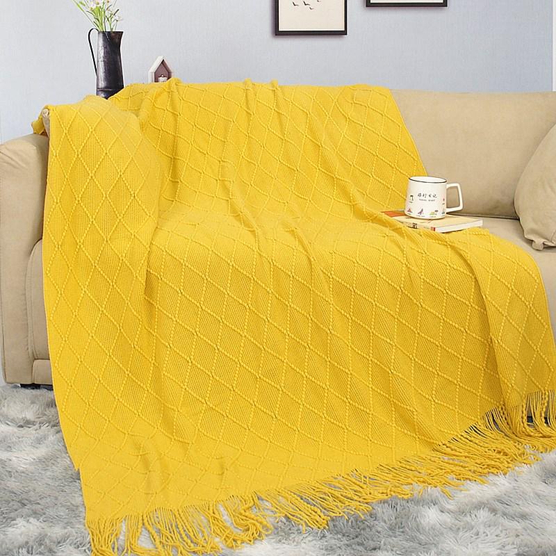 Nordic Retro Yellow Argyle Knit Blanket - Bed Runner, Sofa Throw, End Scarf Cover