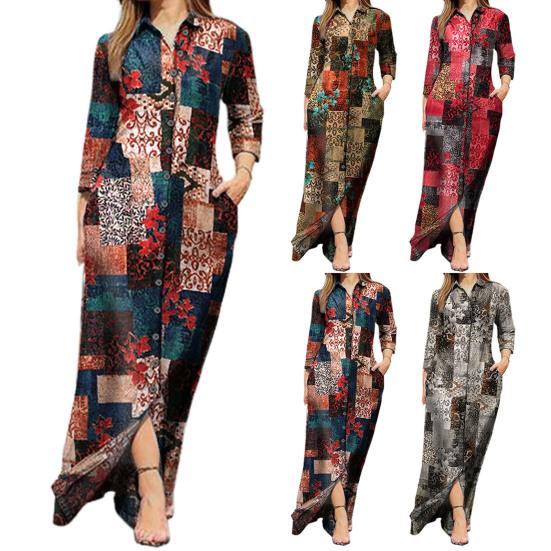 Maxi Dress Turn-Down Collar Long Sleeve Pockets Vintage Floral Print Single Breasted
