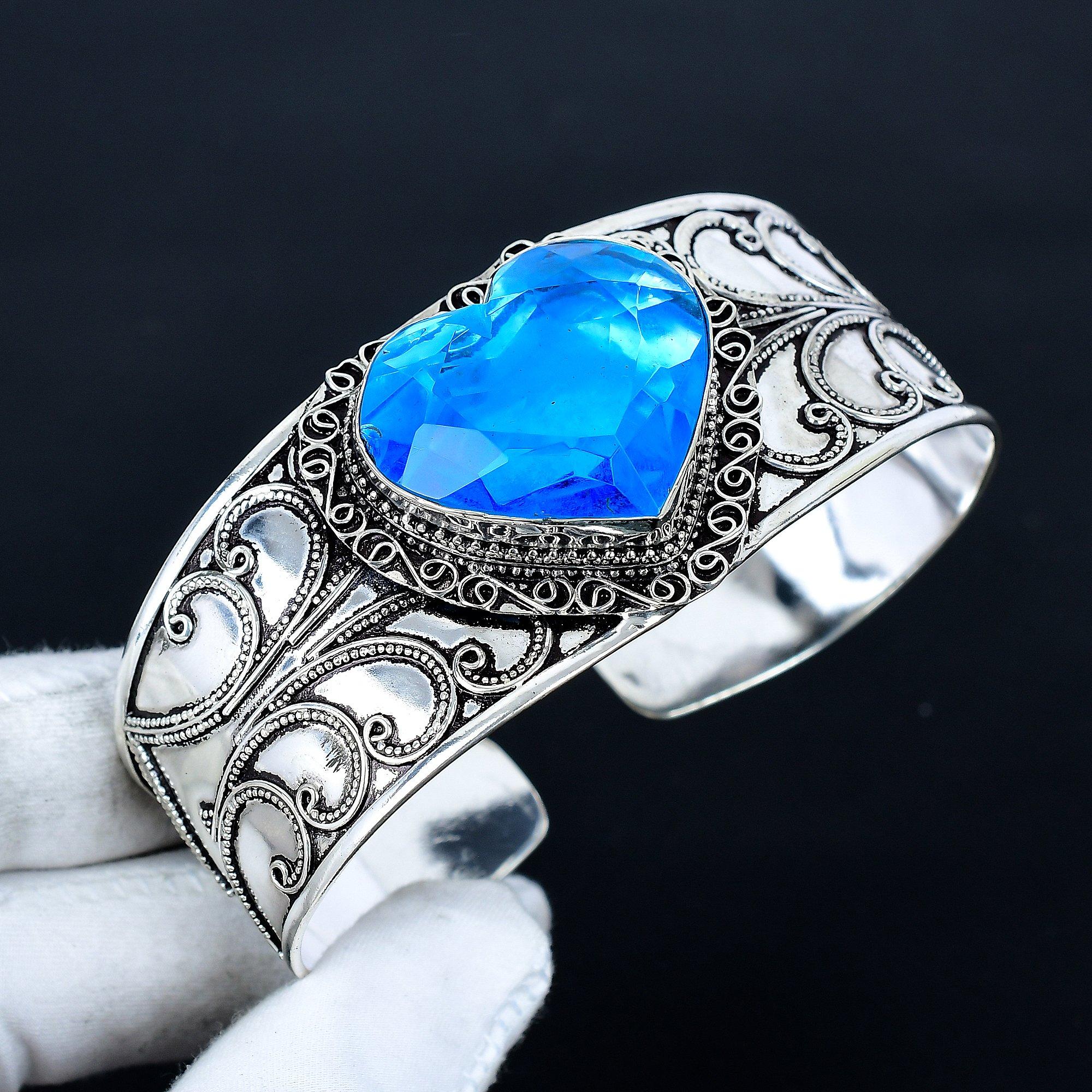 

Dainty Blue Topaz Heart Gemstone Bracelet, Bangle Adjustable Bracelet, 925 Sterling Silver Jewelry, Engagement Gift, Blue Topaz Bracelet New Year Gift Adjustable синий