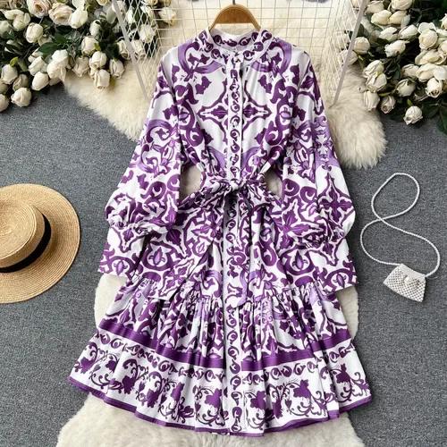 Vintage Summer Floral Print Ruffles Single Breasted Long Sleeve High Waist Vocation Beach Long Women Dress