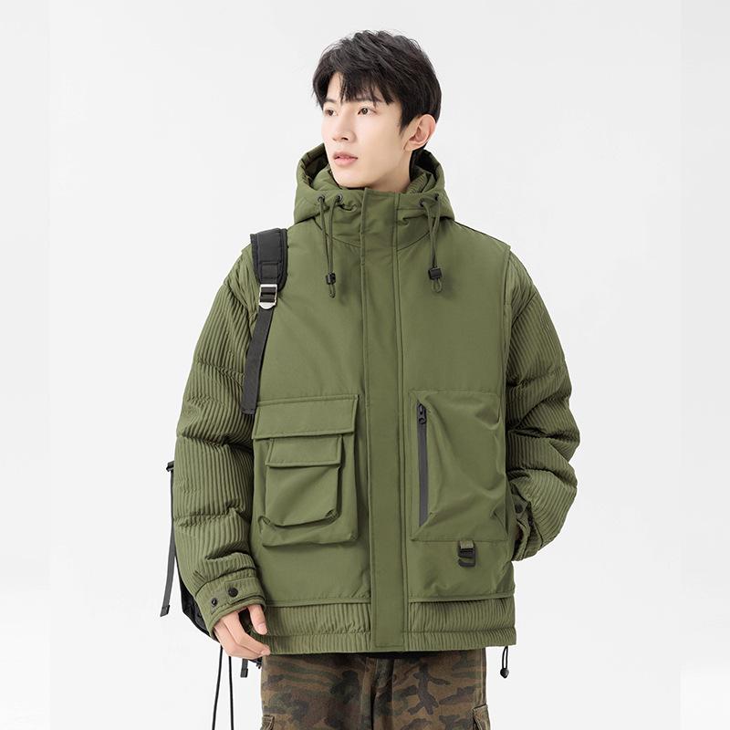Men's Winter Faux Two-Piece Hooded Down Coat with 3D Pockets - 85% White Duck Down, Warm and Loose Fit.