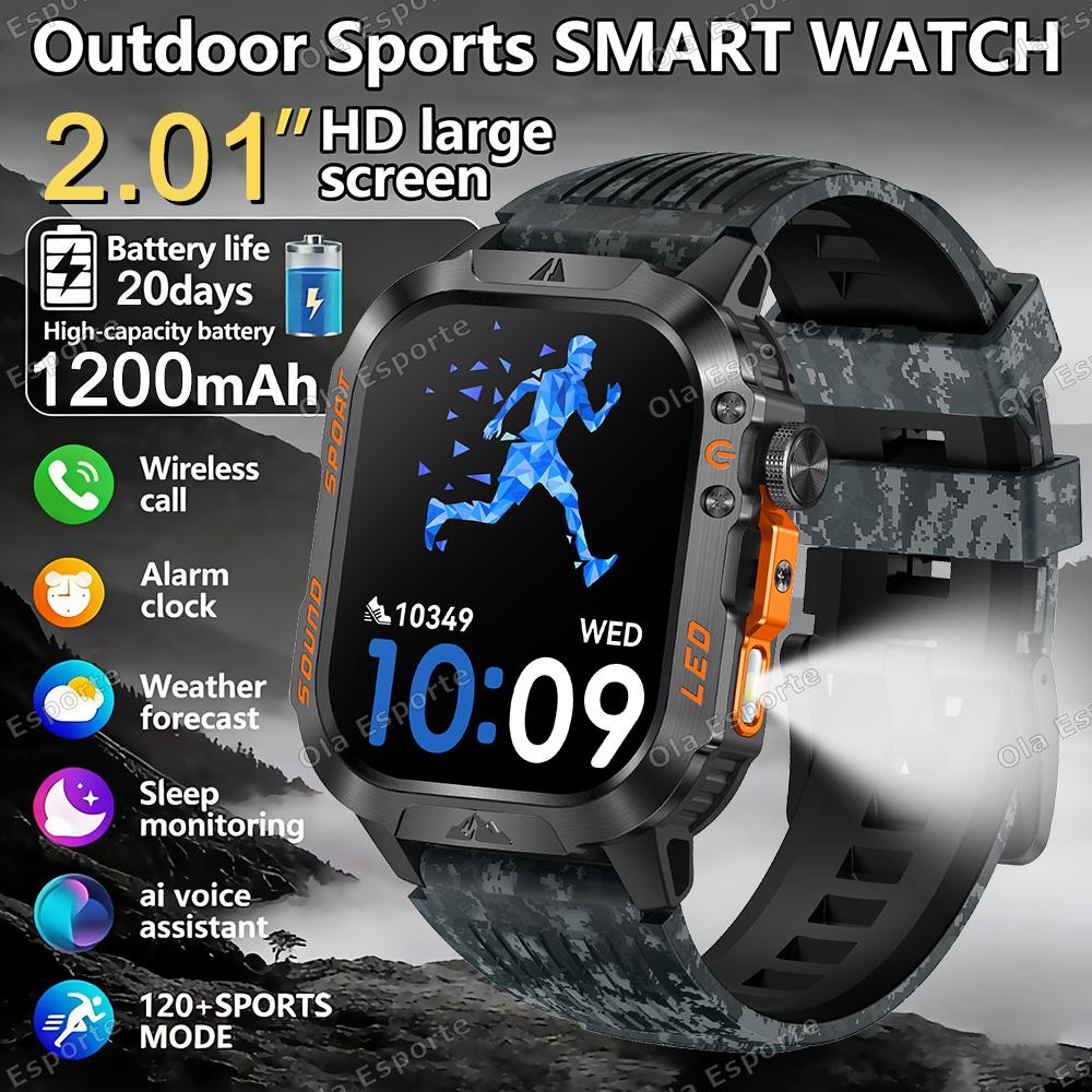 1200mAh Military Outdoor Smartwatch Men LED Flashlight Waterproof GPS Track Sports Watch 2.01-inch BT Call Smart Watch HT30