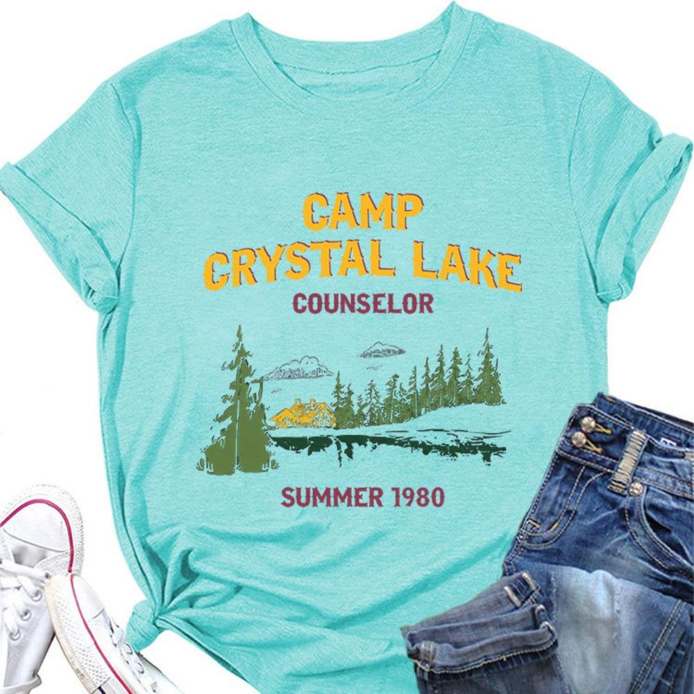 Summer New Women's Short Sleeved T-shirt Camp Crystal Lake Print Loose Round Neck Casual Top Paired with All Fashionable Clothing