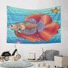 Colorful Ornamental Fish On Blue Waves Pattern Wall Hanging Tapestry Decorative Tapestry Home Decor for Bedroom and Living Room