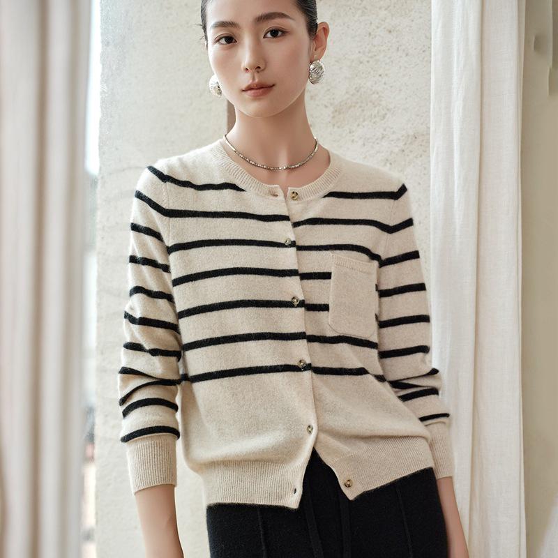Women's 100% Pure Cashmere Striped Cardigan with Pockets and Buttons, Round Neck Sweater Outerwear