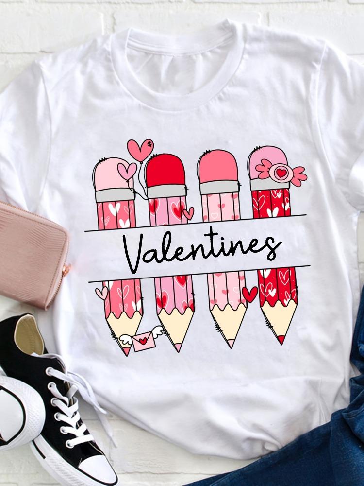 New Valentines Day Women Crew Neck Printed TShirt Valentines Day ShortSleeve Fashion Patterned Shirt Top Plus Size Streetwear