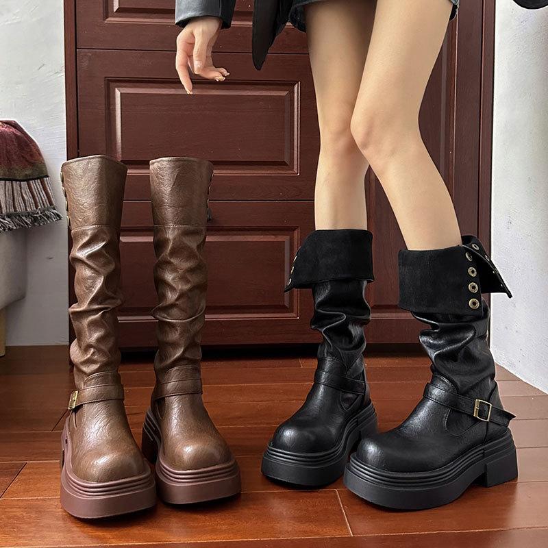 Brown Retro British Style Thick Soled Boots For Women  New Autumn And Winter Slimming Boots For Knights