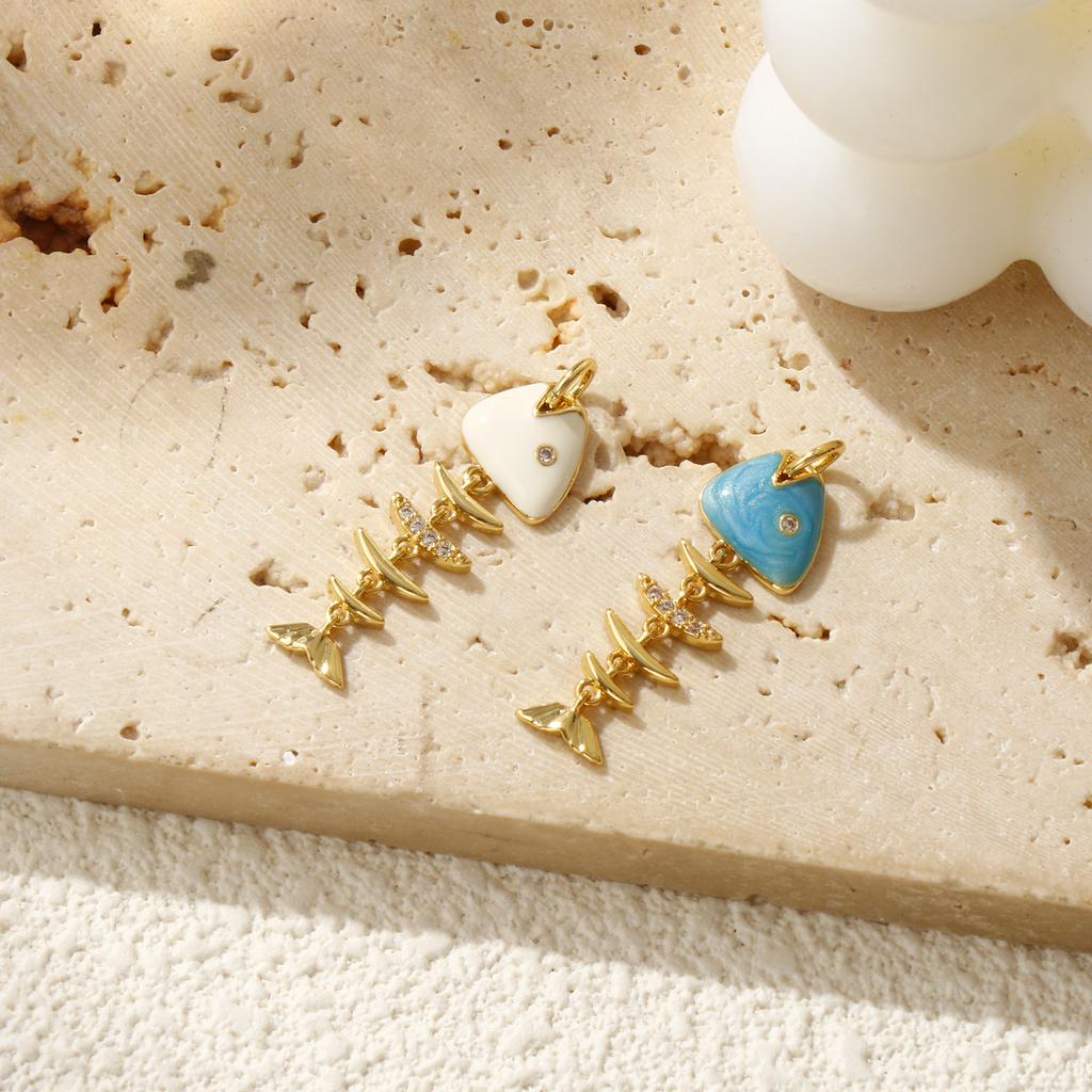 1 PC Brass Fish Bone Ocean Jewelry Pendants 18K Gold Plated Enamel Fish Movable Clear Cubic Zirconia Charms Findings  3.1cmx1cm