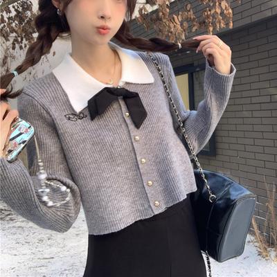 Sheep Wool Washing Water, Korean Autumn Bow Gray Sweater Design Sense Long Sleeve Knitted Cardigan Short