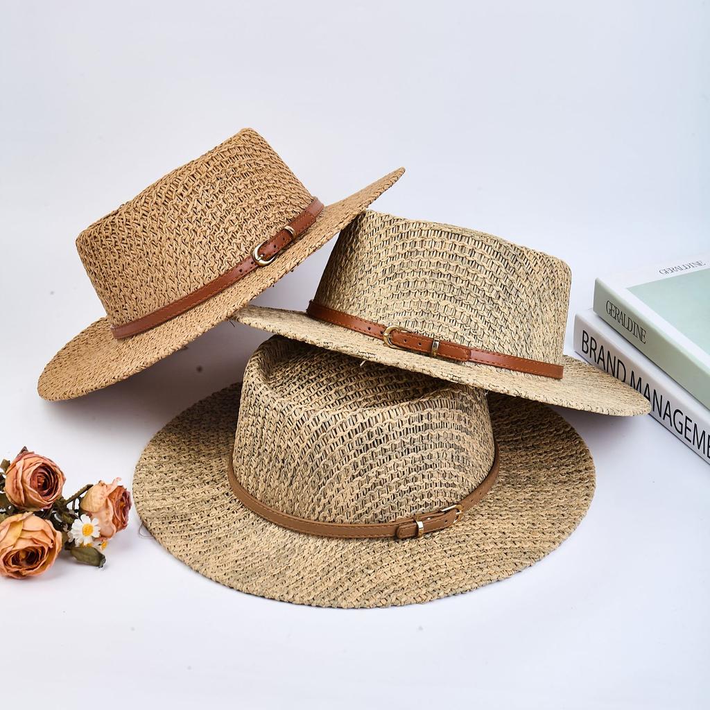 British Retro Travel Flat-top Straw Hat Cut Out Sun Protection Woven Seaside Vacation Beach Hat Top Hat