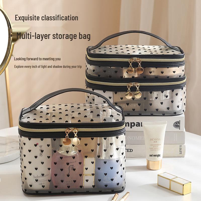 Runhui Heart Flocking Cosmetic Bag - Large Capacity Travel Makeup Organizer