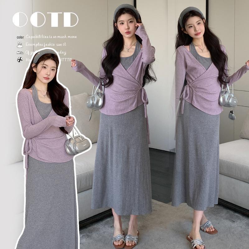 2026 Spring Maternity French Two-Piece Set: Lace-Up Slimming Cardigan & Vest Dress L