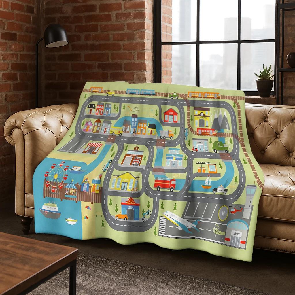 Kid Urban Road Highway Traffic Ship Cartoon Flannel Blanket Soft Warm Blanket for Bedroom Room Living Room Travel Camping Picnic