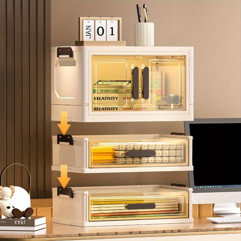 Cosmetic Storage Box Desktop Drawer Type Dust-proof Stackable & Collapsible Large Organizer Box with Transparent Double-door